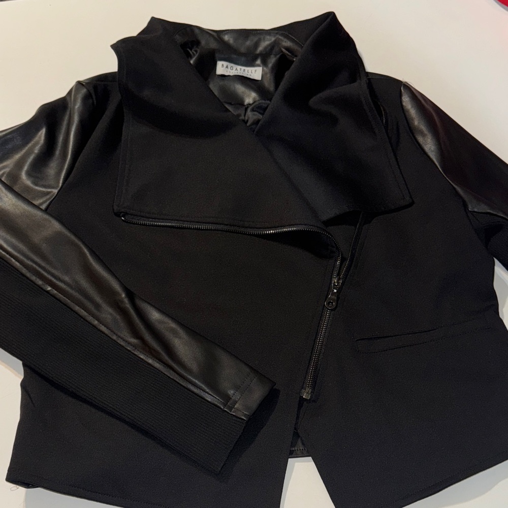 Bagatelle Black Draped Faux Leather Mixed Media‎ Moto Jacket